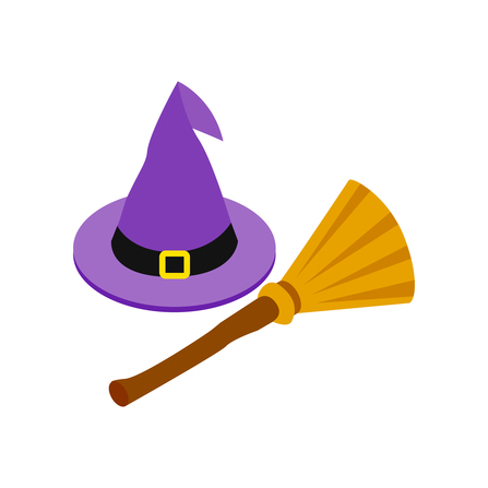 Witch hat and broom isometric 3d icon on a white background
